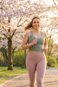 Woman jogging outdoors in a bright spring setting with blooming trees and golden sunlight, representing an ultimate spring workout routine to get lean before summer.