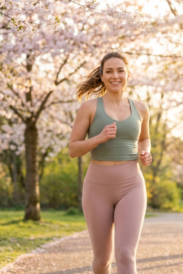 Woman jogging outdoors in a bright spring setting with blooming trees and golden sunlight, representing an ultimate spring workout routine to get lean before summer.