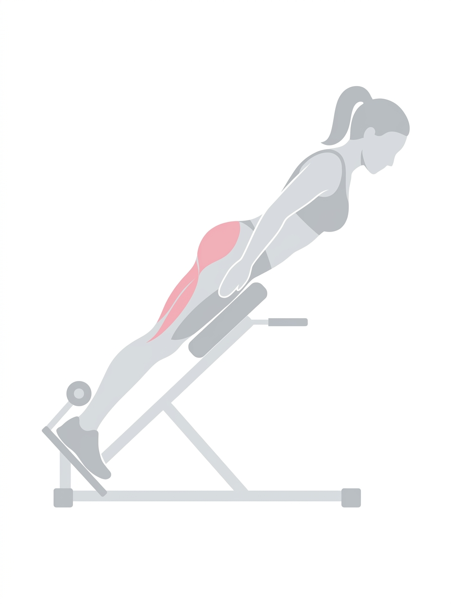 Woman performing a 45-degree back extension with glute-focused form on a hyperextension bench.