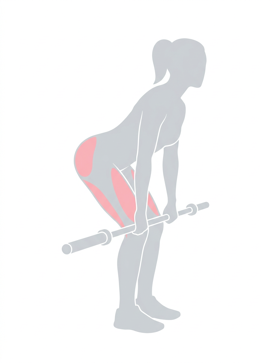 Woman performing a barbell Romanian deadlift demonstrating proper hip hinge form to target the glutes and hamstrings.