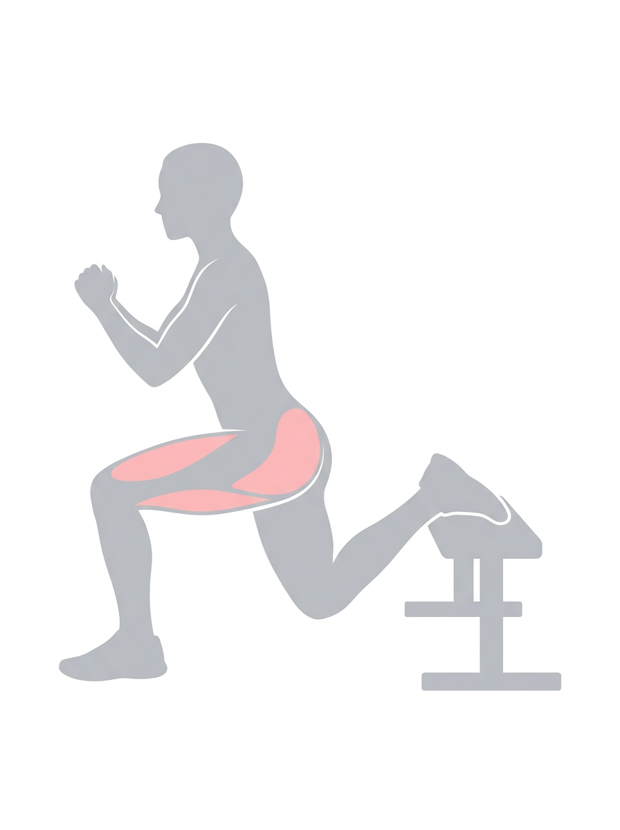Woman performing a Bulgarian split squat with a forward torso lean to emphasize glute activation.
