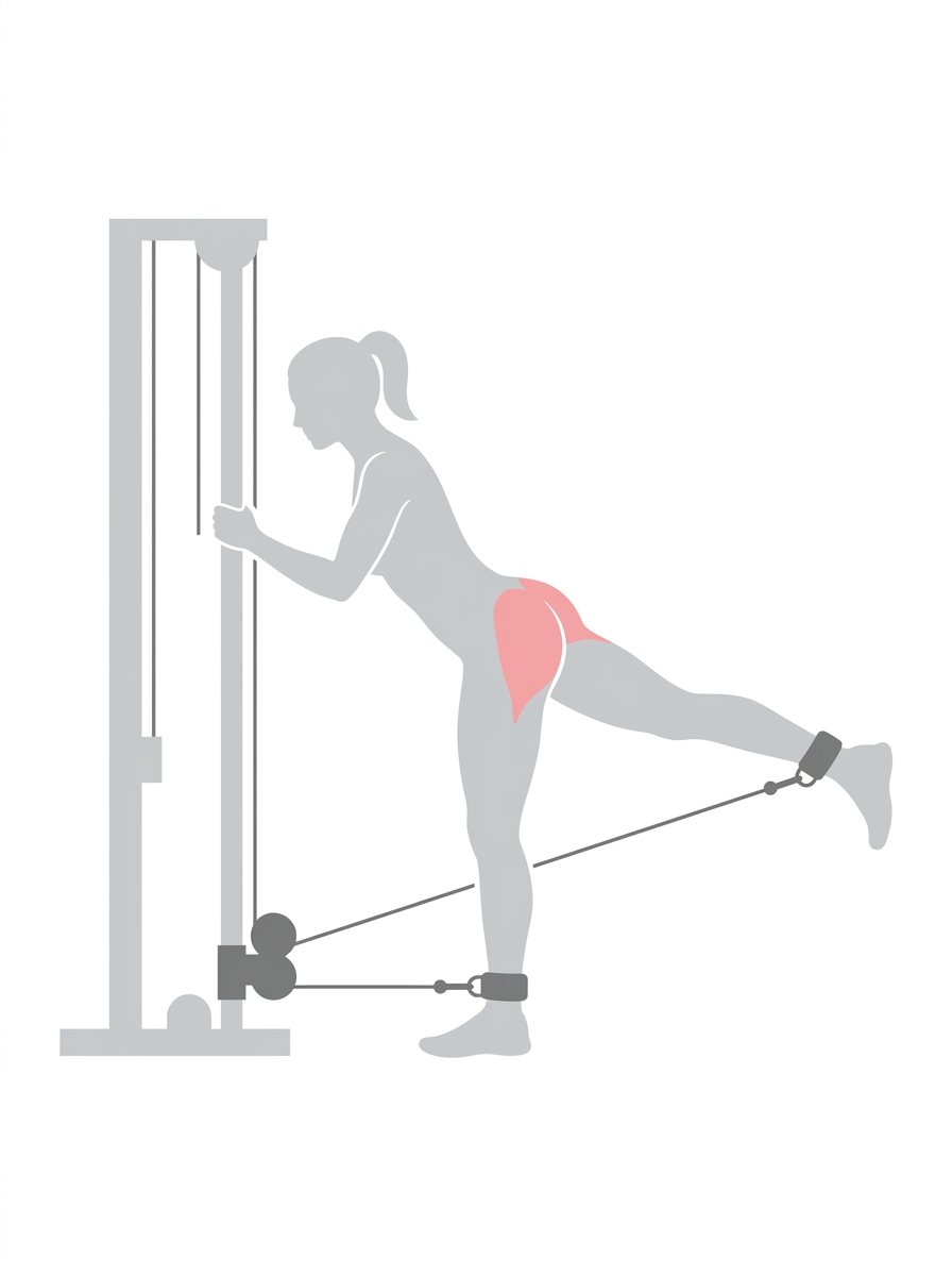 Woman performing a cable kickback exercise using an ankle strap to isolate the glutes.