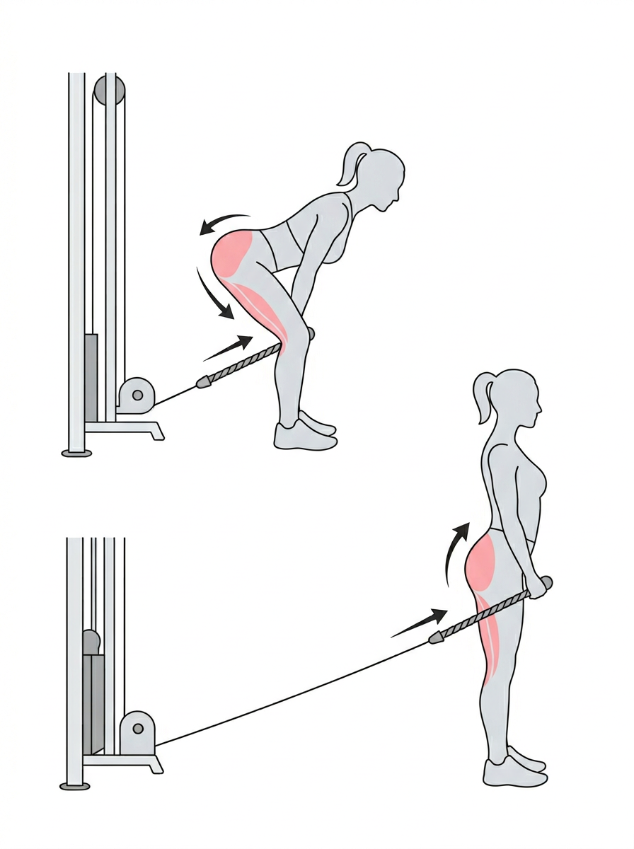 Woman performing a cable pull-through exercise using a rope attachment to target glutes and hamstrings.