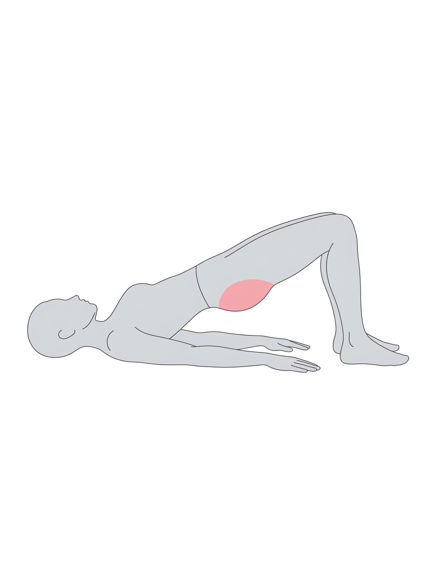 Woman performing a glute bridge exercise with hips lifted to activate the glute muscles.