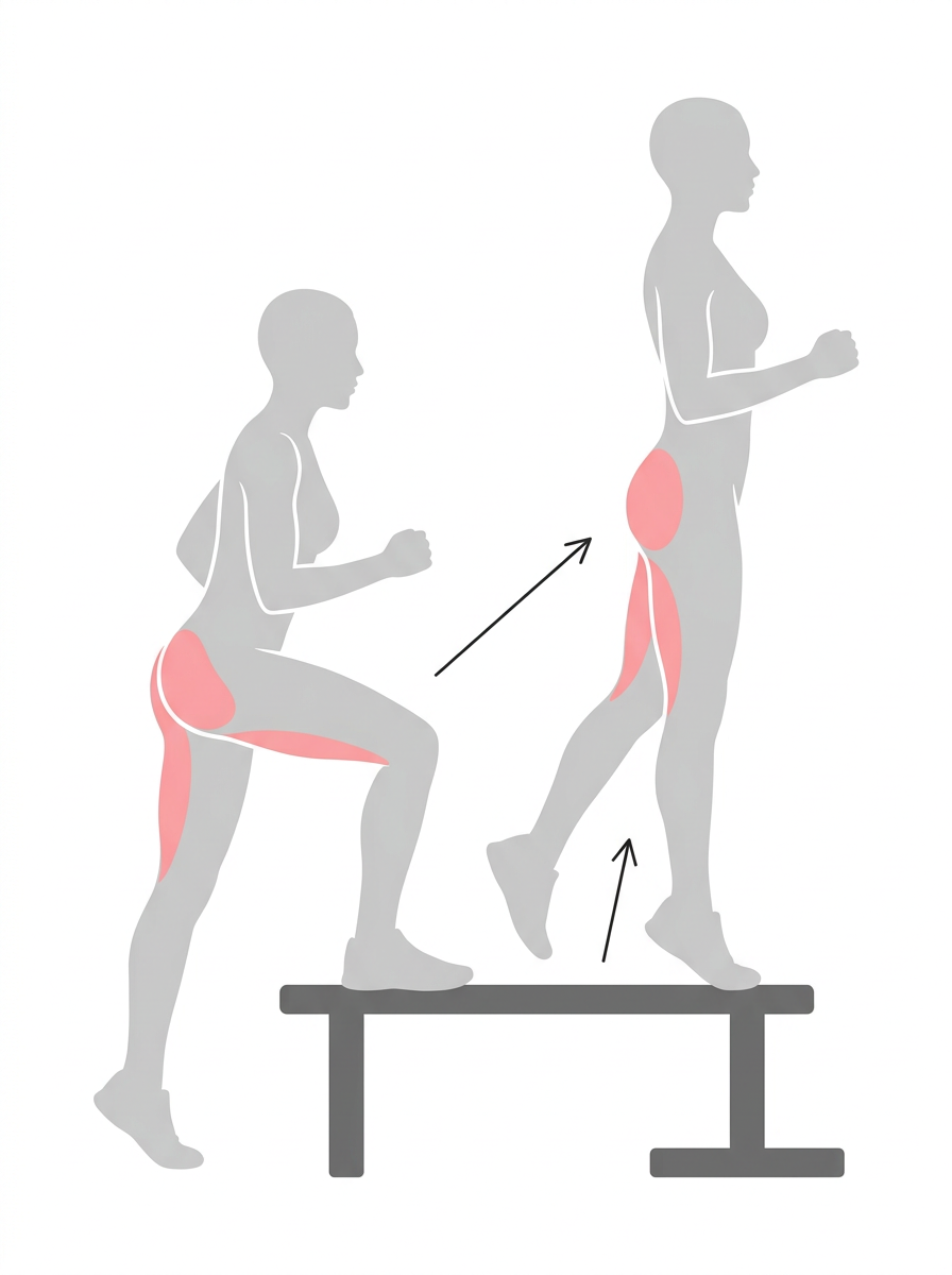 Woman performing a glute-focused step-up onto a bench to strengthen the glutes and hamstrings.