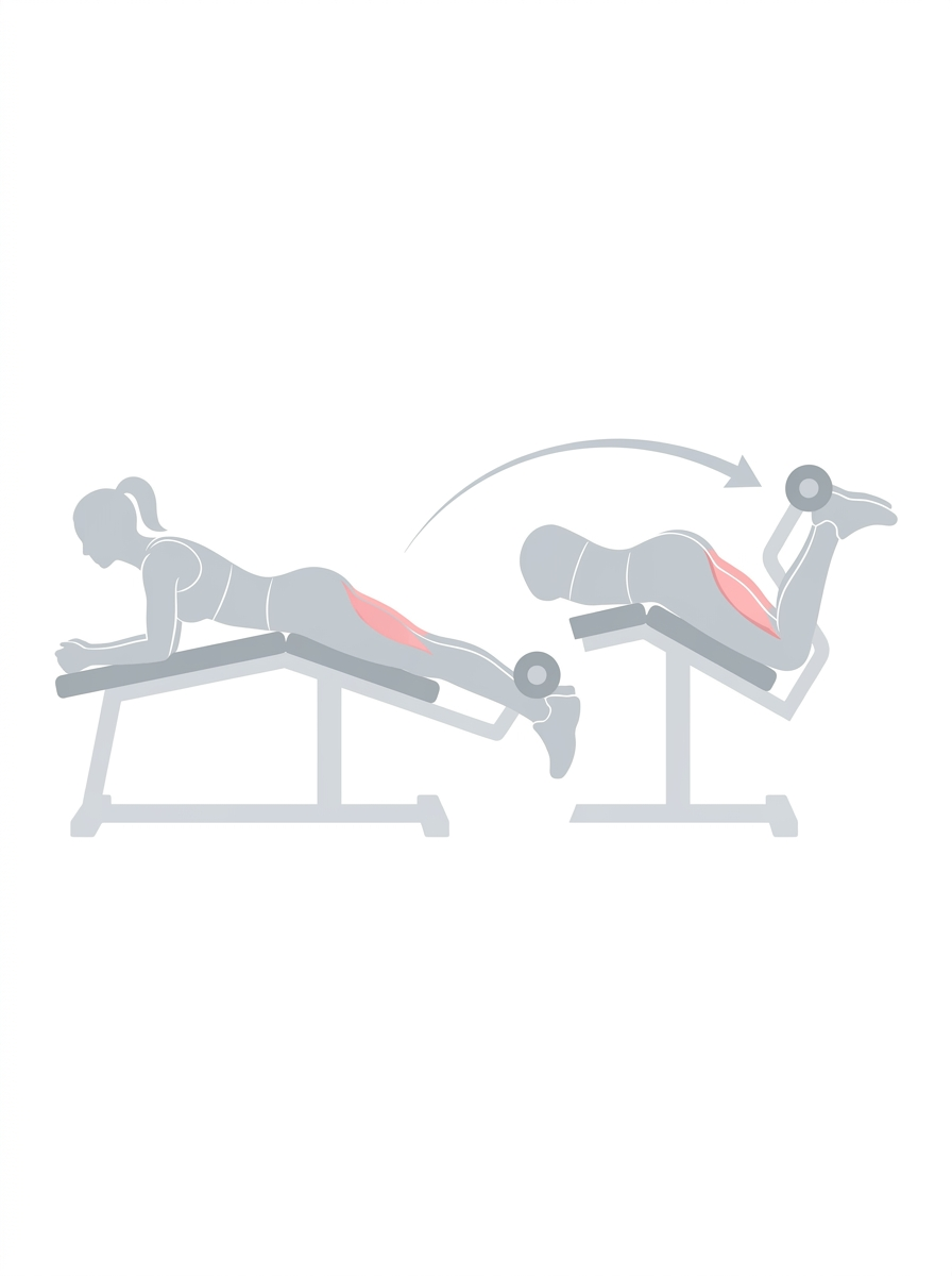 Woman performing a prone leg curl on a lying leg curl machine targeting the hamstrings.