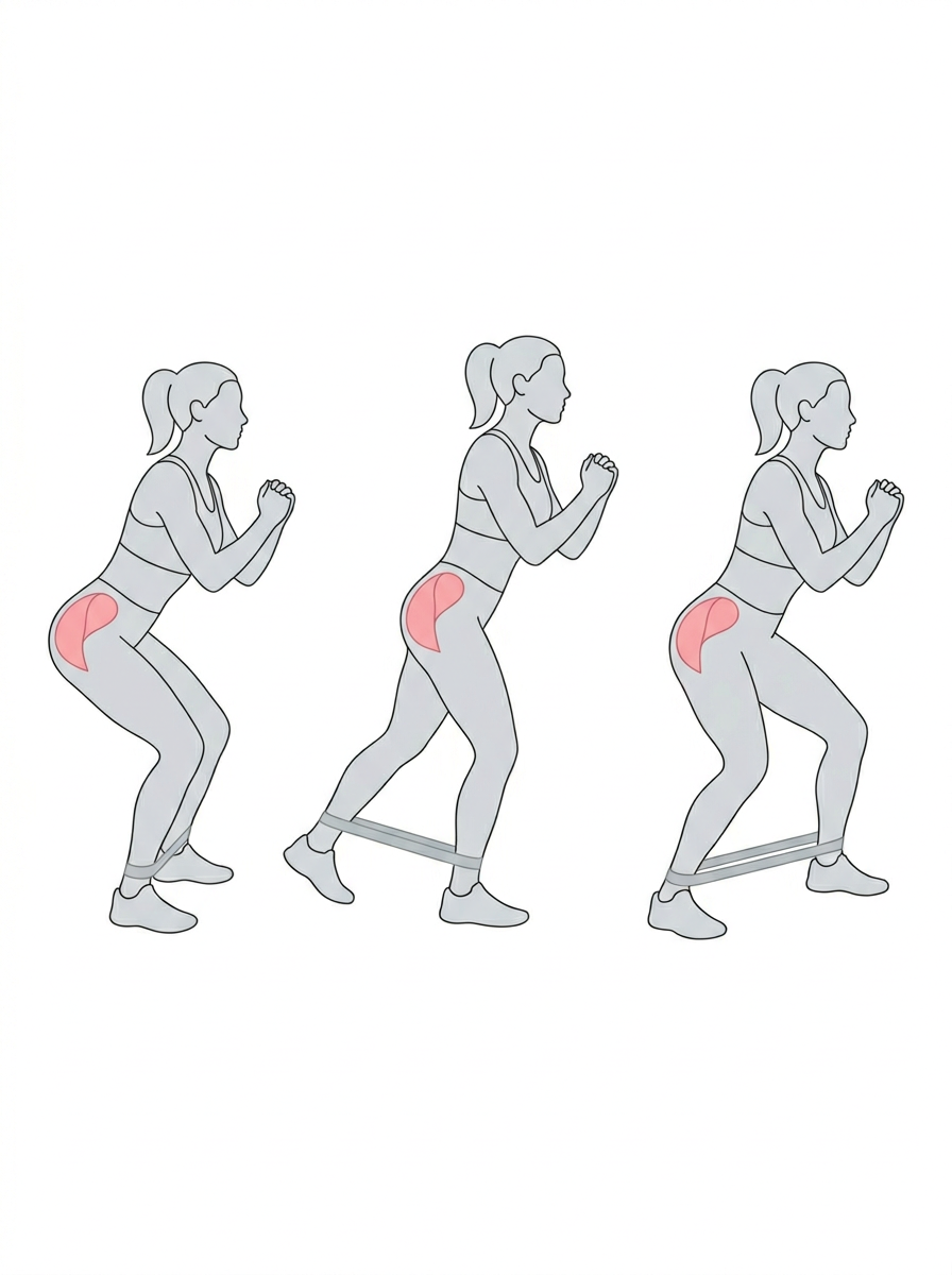 Woman performing resistance band lateral walks to strengthen the glute medius and outer hips.
