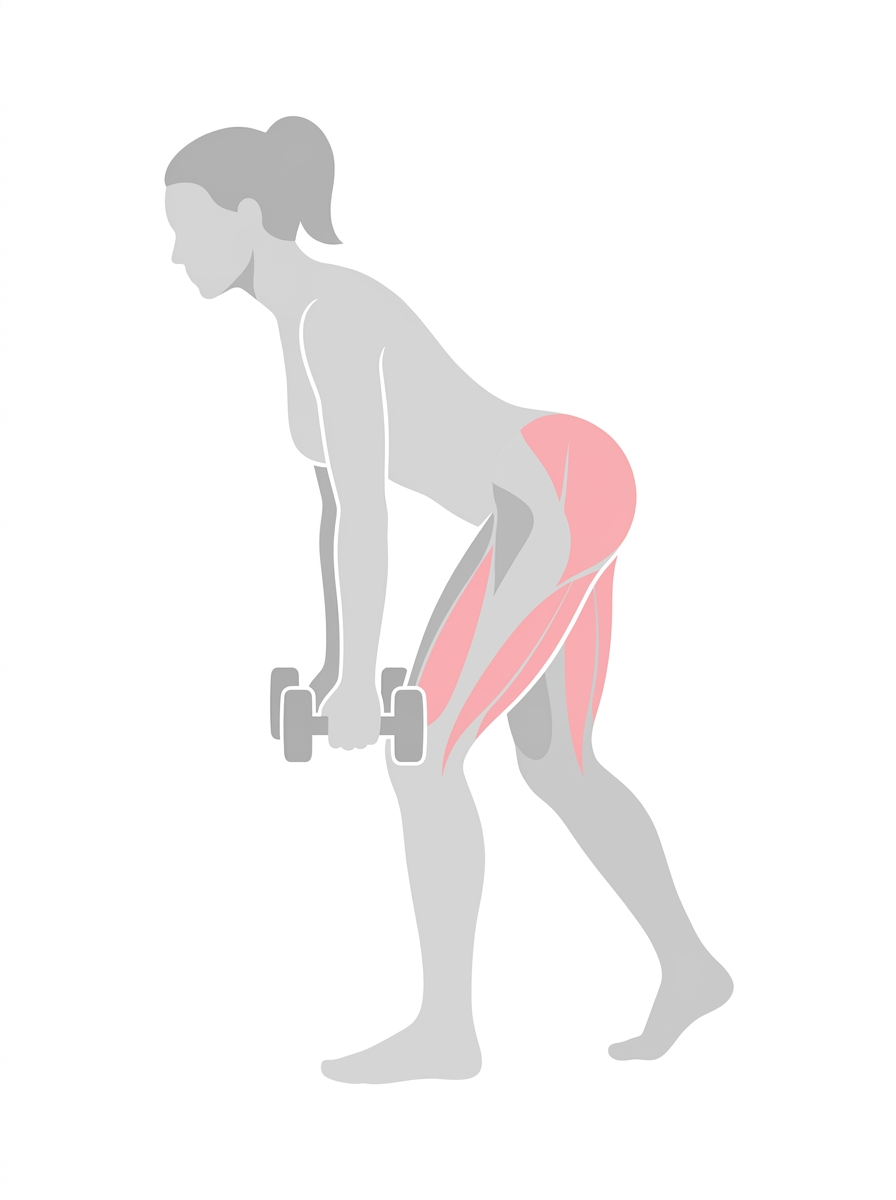 Woman demonstrating a kickstand single-leg Romanian deadlift targeting the glutes and hamstrings.
