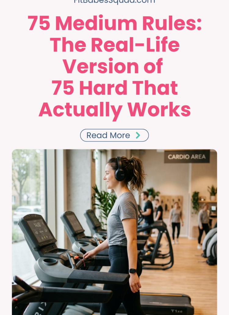 Woman walking on treadmill at gym as part of a simple daily routine following 75 medium rules