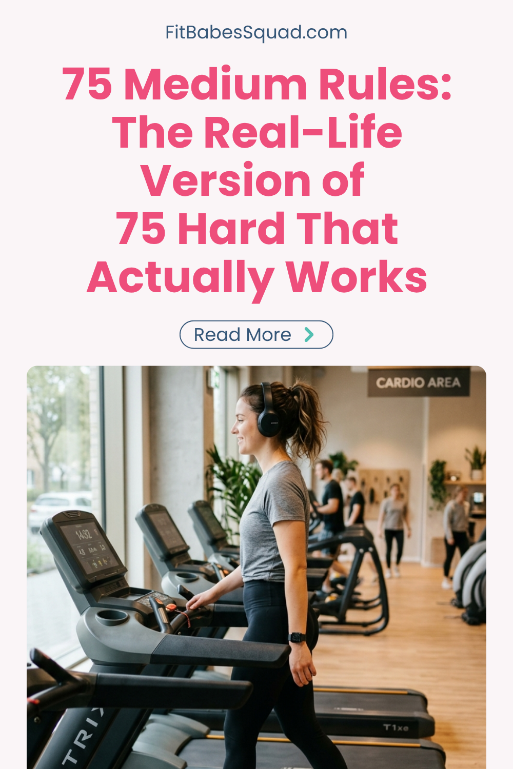 Woman walking on treadmill at gym as part of a simple daily routine following 75 medium rules
